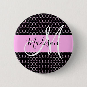 Glam Black Metallic Rosa Honeycomb Monogram Namn Knapp