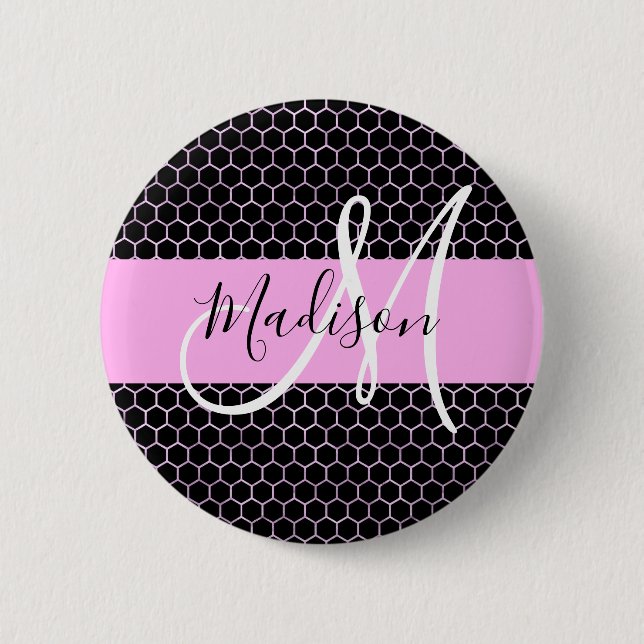 Glam Black Metallic Rosa Honeycomb Monogram Namn Knapp (Framsida)