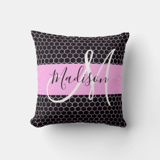 Glam Black Metallic Rosa Honeycomb Monogram Namn Kudde