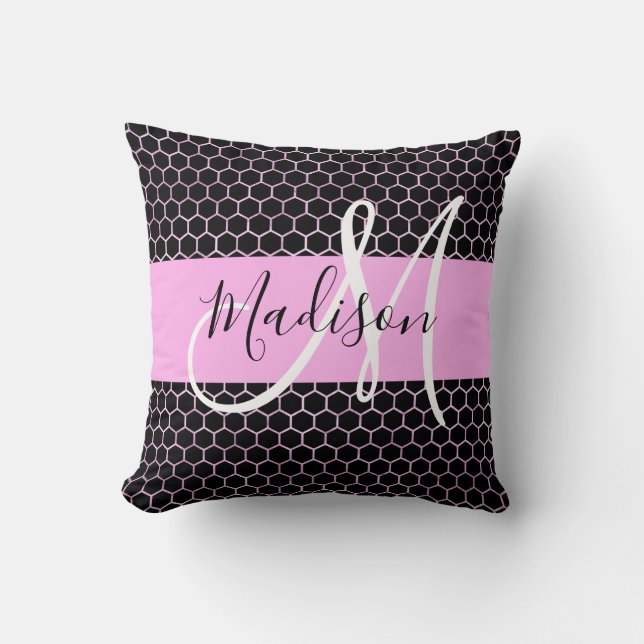 Glam Black Metallic Rosa Honeycomb Monogram Namn Kudde (Framsida)