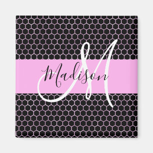 Glam Black Metallic Rosa Honeycomb Monogram Namn Magnet