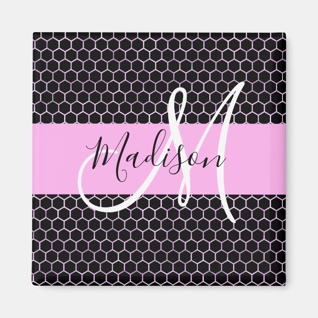 Glam Black Metallic Rosa Honeycomb Monogram Namn Magnet (Framsidan)
