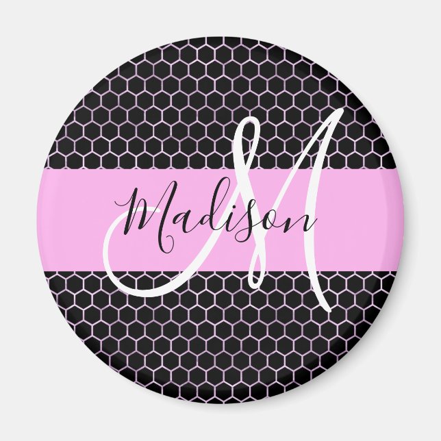 Glam Black Metallic Rosa Honeycomb Monogram Namn Magnet (Framsidan)