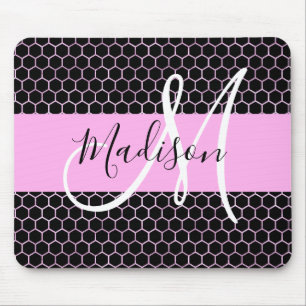 Glam Black Metallic Rosa Honeycomb Monogram Namn Musmatta