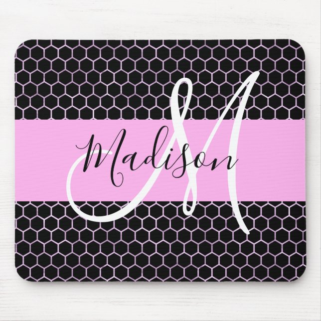 Glam Black Metallic Rosa Honeycomb Monogram Namn Musmatta (Framsidan)