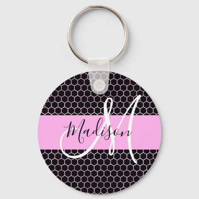 Glam Black Metallic Rosa Honeycomb Monogram Namn Nyckelring (Framsida)