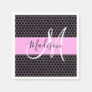 Glam Black Metallic Rosa Honeycomb Monogram Namn Pappersservett
