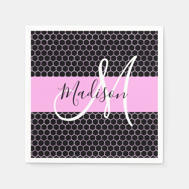 Glam Black Metallic Rosa Honeycomb Monogram Namn Pappersservett (Framsidan)