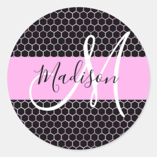 Glam Black Metallic Rosa Honeycomb Monogram Namn Runt Klistermärke