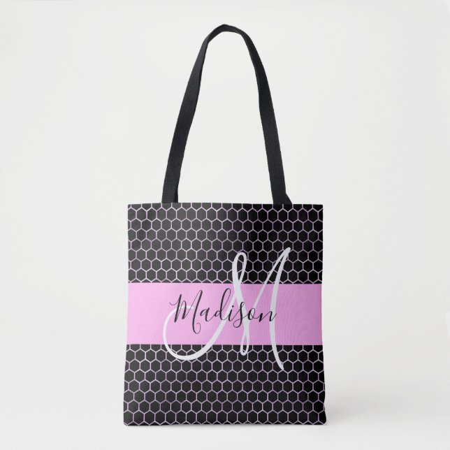Glam Black Metallic Rosa Honeycomb Monogram Namn Tygkasse (Framsida)