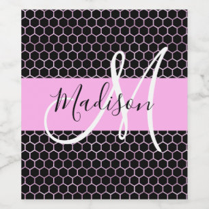 Glam Black Metallic Rosa Honeycomb Monogram Namn Vinflaska Etikett