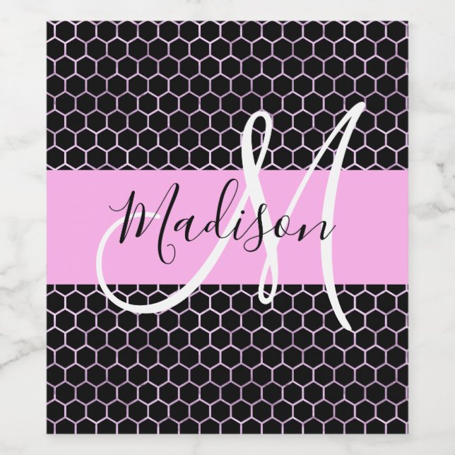 Glam Black Metallic Rosa Honeycomb Monogram Namn Vinflaska Etikett (Singel etikett)