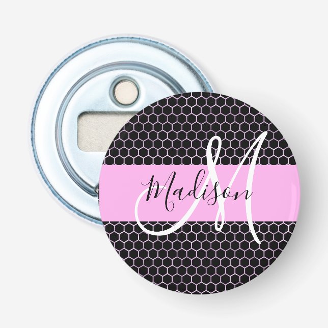 Glam Black Metallisk Rosa Bikupa Monogram Namn Flasköppnare (Framsidan)