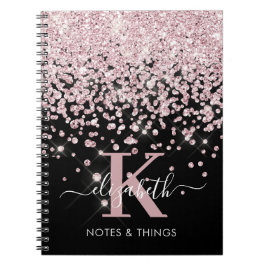Glam Black Ro Guld Glitter Diamond Monogrammed Mon Anteckningsbok