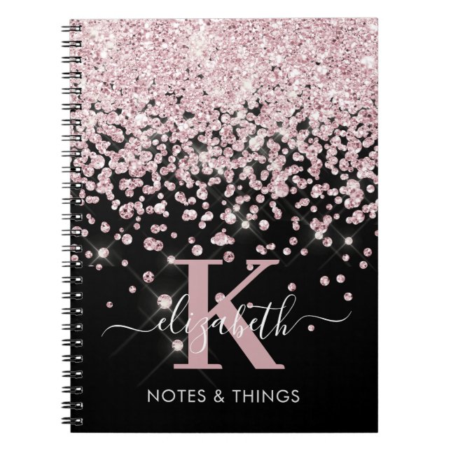 Glam Black Ro Guld Glitter Diamond Monogrammed Mon Anteckningsbok (Framsidan)