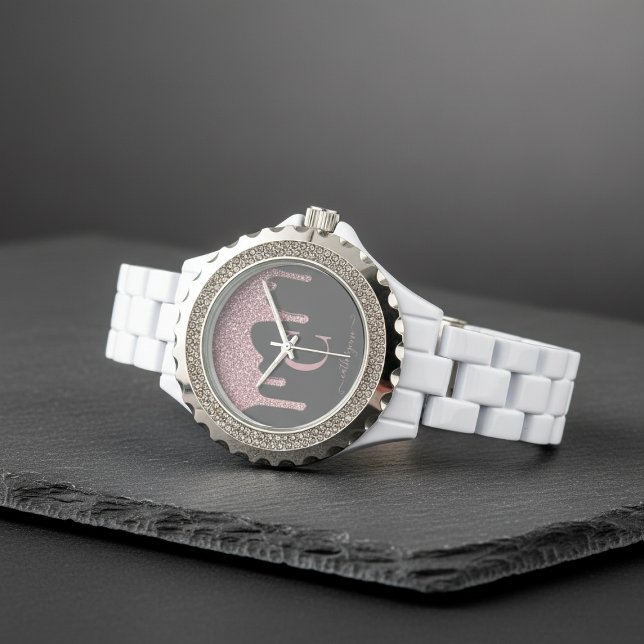 Glam Black Ro Guld Glitter Drives Monogram Armbandsur (Glam Black Rose Gold Glitter Drips Monogram Watch)