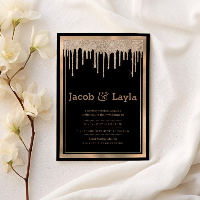 Glam black ro guld glitter droppar gräns bröllop v inbjudningar (Glam black rose gold glitter drips border wedding)