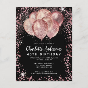 Glam Black Rosa ros Guld Glitter Balloon Birthday Vykort