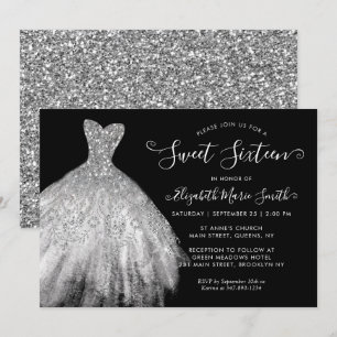 Glam Black Silver Glitter Dress Sweet 16 Birthday Inbjudningar
