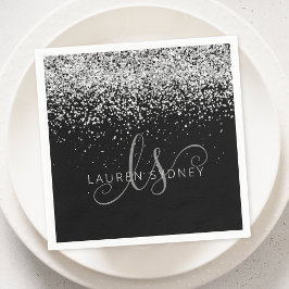 Glam Black Silver Glitter Glam Monogram Namn Pappersservett