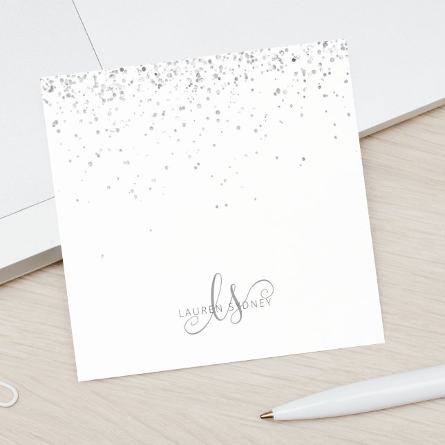 Glam Black Silver Glitter Glam Monogram Namn Post-it Block (Skapare uppladdad)