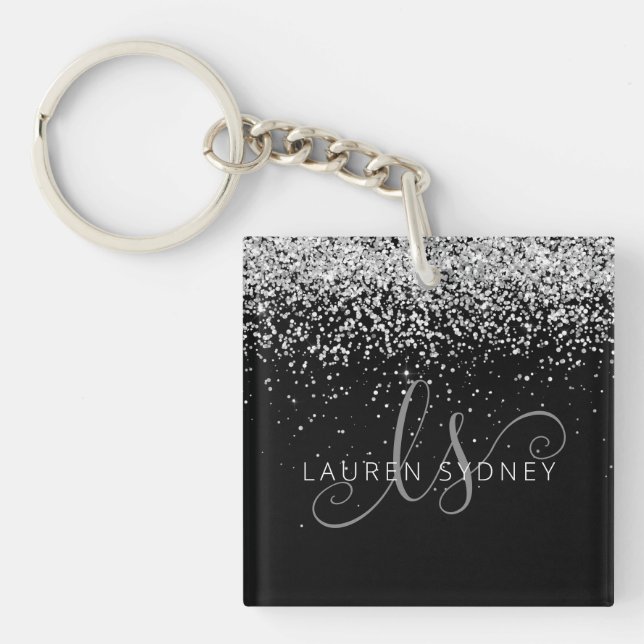Glam Black Silver Glitter Monogram Namn (Framsidan)