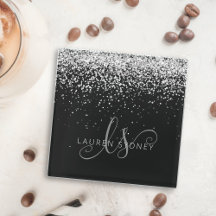 Glam Black Silver Glitter Monogram Namn