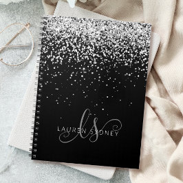 Glam Black Silver Glitter Monogram Namn Anteckningsbok