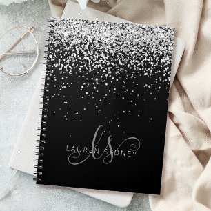 Glam Black Silver Glitter Monogram Namn Anteckningsbok