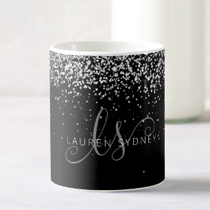 Glam Black Silver Glitter Monogram Namn-kaffe Mugg