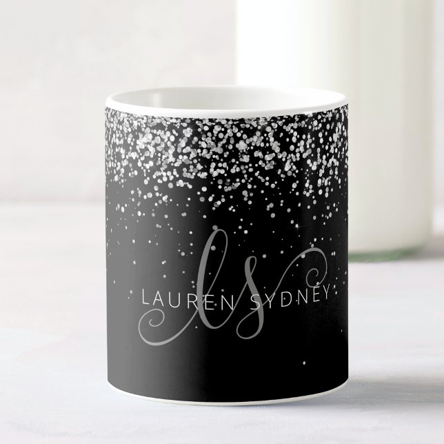 Glam Black Silver Glitter Monogram Namn-kaffe Mugg (Skapare uppladdad)