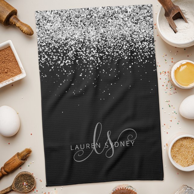 Glam Black Silver Glitter Monogram Namn Kökshandduk (Skapare uppladdad)