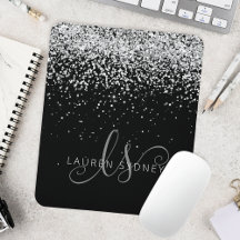 Glam Black Silver Glitter Monogram Namn