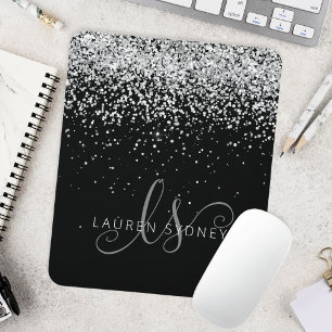 Glam Black Silver Glitter Monogram Namn Musmatta