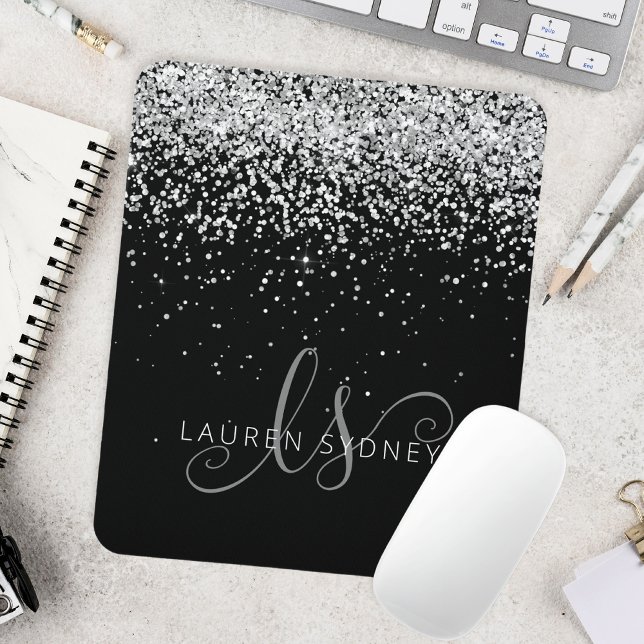 Glam Black Silver Glitter Monogram Namn Musmatta (Skapare uppladdad)