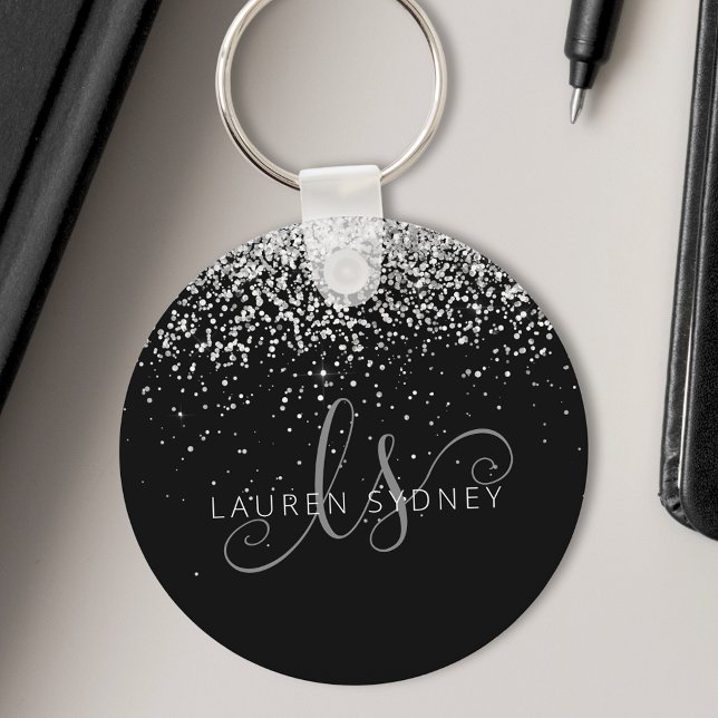 Glam Black Silver Glitter Monogram Namn Nyckelring (Skapare uppladdad)