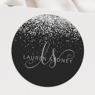Glam Black Silver Glitter Monogram Namn Runt Klistermärke