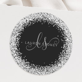 Glam Black Silver Glitter Monogram Namn Runt Klistermärke