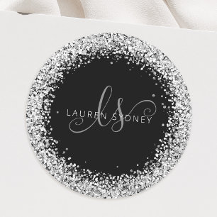 Glam Black Silver Glitter Monogram Namn Runt Klistermärke