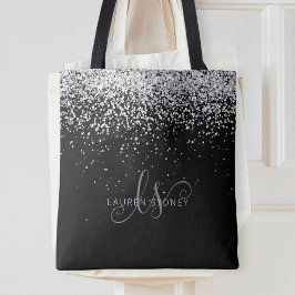 Glam Black Silver Glitter Monogram Namn Tygkasse