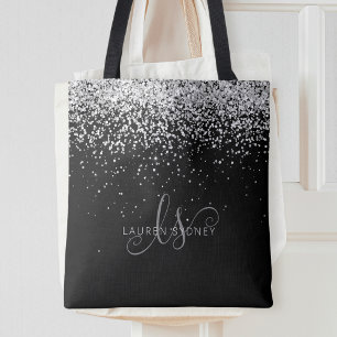Glam Black Silver Glitter Monogram Namn Tygkasse