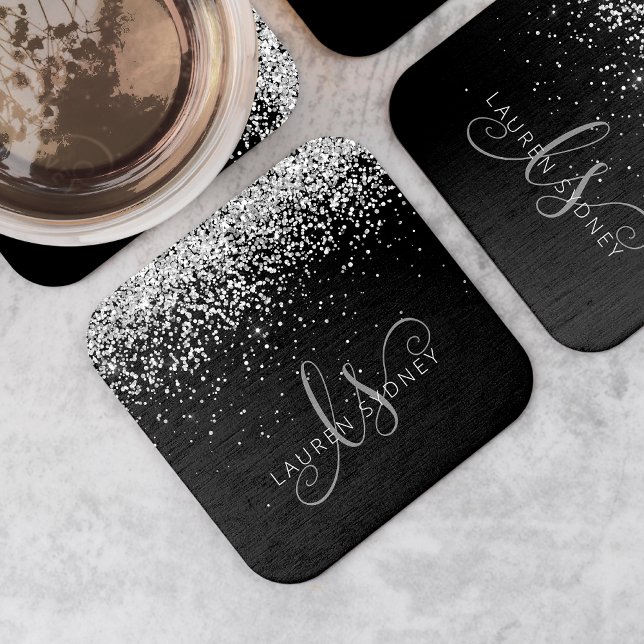 Glam Black Silver Glitter Monogram Namn Underlägg Papper Kvadrat (Skapare uppladdad)