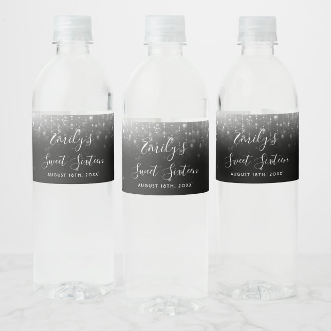 Glam Black White Sweet 16 Vattenflaskor Etikett (Flaskor)