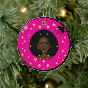 Glam Black Woman Afro Hair pic läppstift rosa måne Julgransprydnad Keramik