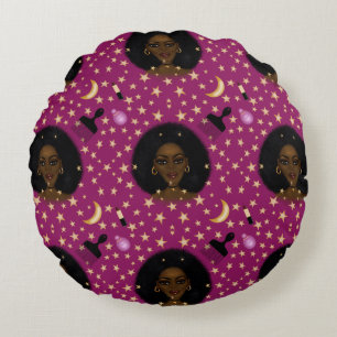 Glam Black Woman Afro Hair pic läppstift rosa måne Rund Kudde