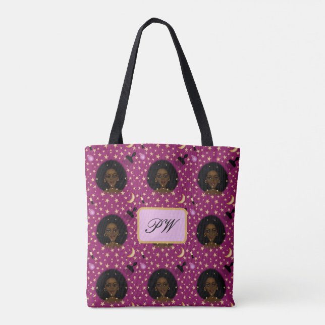Glam Black Woman Afro Hair pic läppstift rosa måne Tygkasse (Baksida)