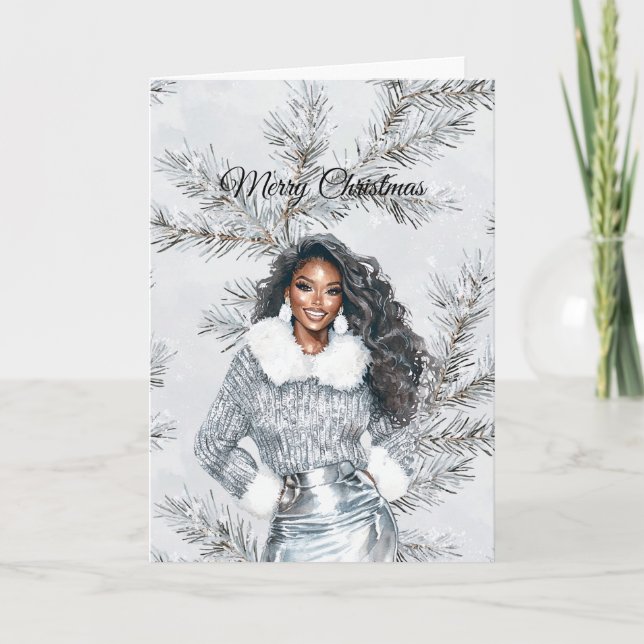 Glam Black Woman Silver Christmas Tree Branches Kort (Framsida)