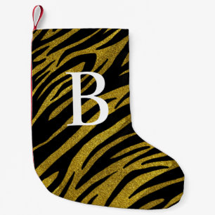 Glam Black Zebra ränder och Faux Guld Glitter Liten Julstrumpa