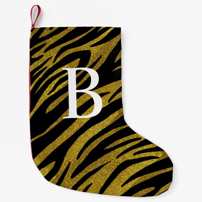 Glam Black Zebra ränder och Faux Guld Glitter Liten Julstrumpa (Framsidan)