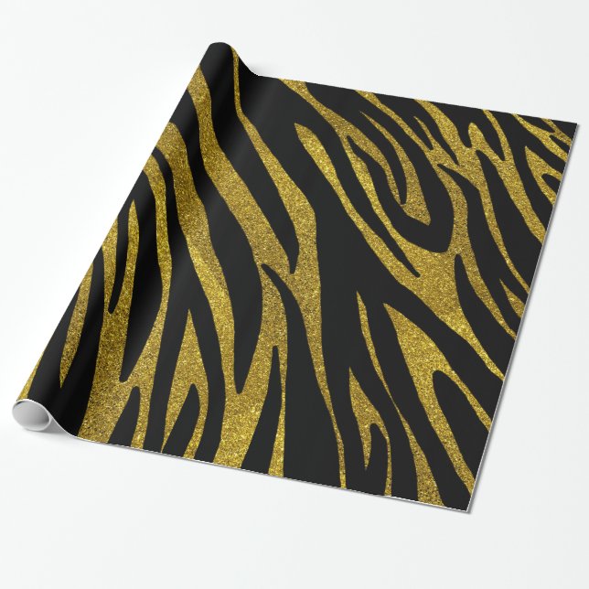Glam Black Zebra ränder och Faux Guld Glitter Presentpapper (Utrullad)